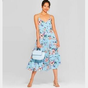 Blue floral tiered maxi dress with tie size M